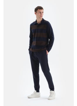 dagi Navy Blue Striped Garnished Polo Neck Half Placket Sweatshirt  - Image 2