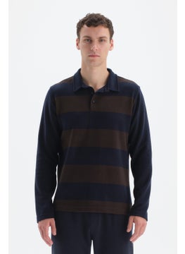 dagi Navy Blue Striped Garnished Polo Neck Half Placket Sweatshirt  - Image 3