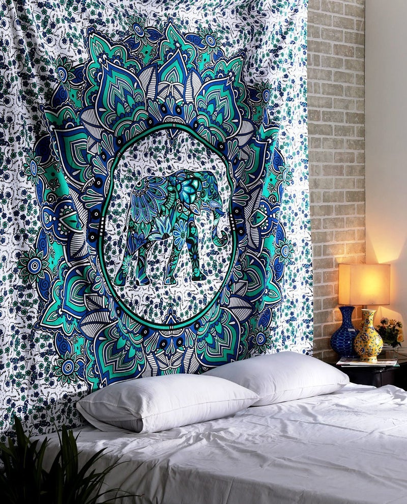 Textile export creations Creations Turquoise Green MandalaIndian Elephant Decorative Tapestry Wall Hanging Cotton Bedcover 56x84 - Image 1