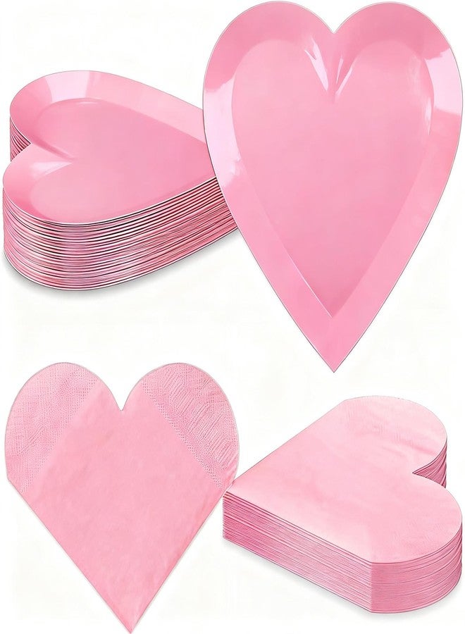 Diltik 50 Pack Valentine’s Day Heart Shaped Paper Plates & Napkins Set, 25 Pink Disposable Dessert Plates 9 Inch & 25 Napkins for Valentine Party, Wedding, Bridal Shower, Anniversary Decorations - Image 1