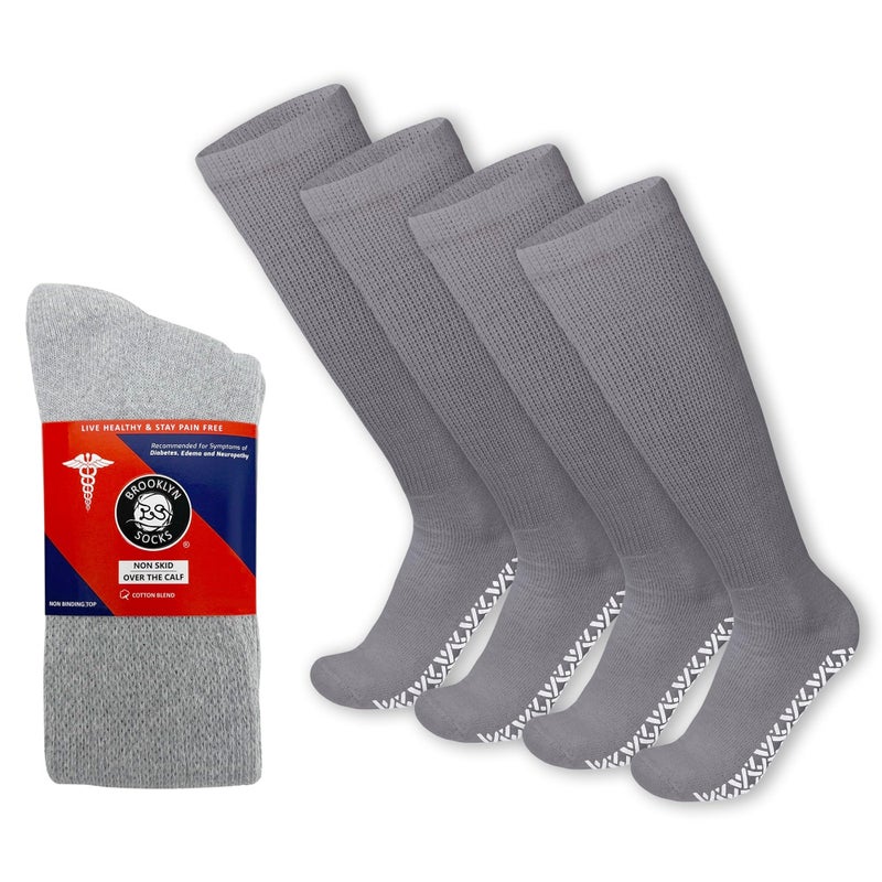 Brooklyn Socks 4 Pairs of Non-Skid Over-The-Calf Diabetic Cotton Socks with Non Binding Top (Gray, Fits US Men's Shoe size 9-12) - Image 1