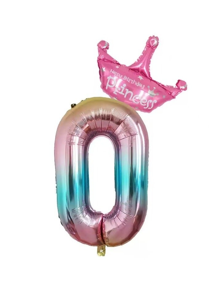 Number 0 Balloon with Detachable Crown, Easy Inflate and Deflate Reusable, Premium Foil Mylar Balloons for Birthdays, Anniversaries, and Party Decorations (32 inch, Multicolor）