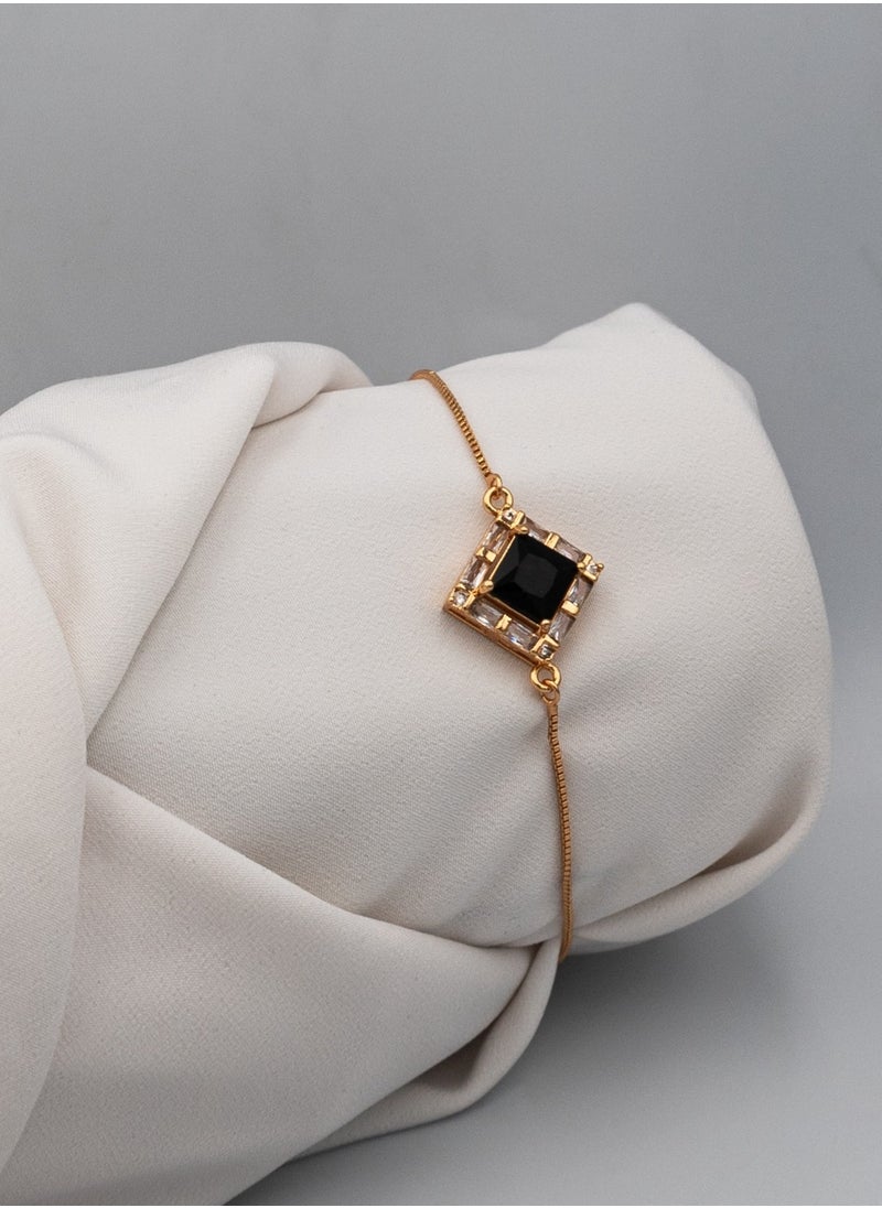 mjuhurat Elegant Gold-Tone Adjustable Bracelet with Black Square Stone & Crystals  - Image 2