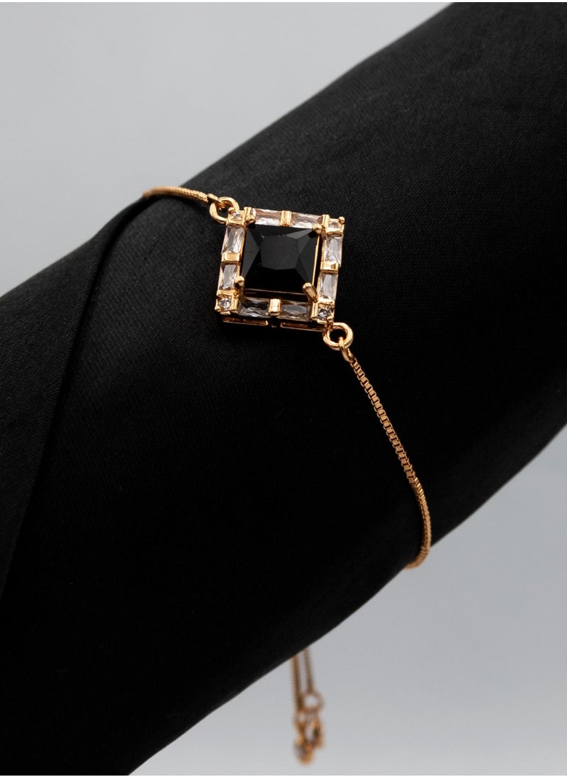 mjuhurat Elegant Gold-Tone Adjustable Bracelet with Black Square Stone & Crystals  - Image 3