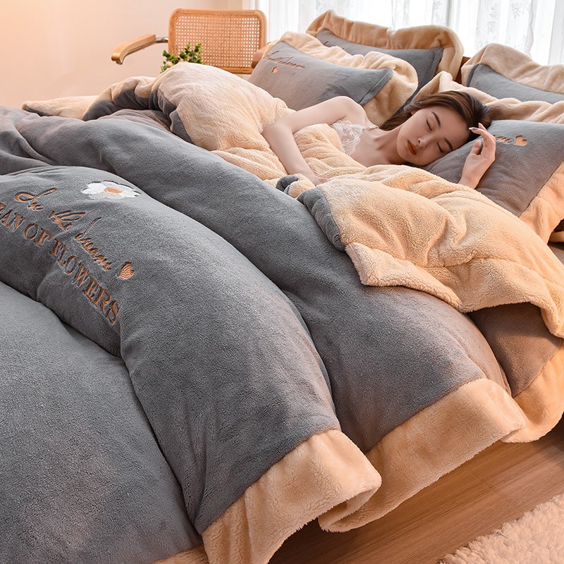 Winter Milk Velvet Bed Four-Piece Set Winter Thickened Coral Velvet Quilt Cover Double-Sided Flange Fleece-Lined Bed Sheet Three-Piece Set - Image 5