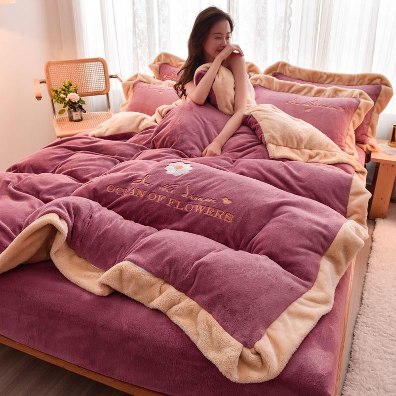 Winter Milk Velvet Bed Four-Piece Set Winter Thickened Coral Velvet Quilt Cover Double-Sided Flange Fleece-Lined Bed Sheet Three-Piece Set - Image 3