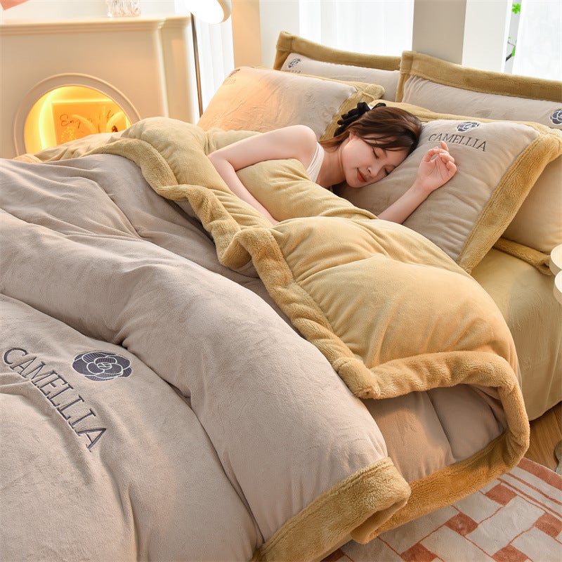 Winter Milk Velvet Bed Four-Piece Set Winter Thickened Coral Velvet Quilt Cover Double-Sided Flange Fleece-Lined Bed Sheet Three-Piece Set - Image 1