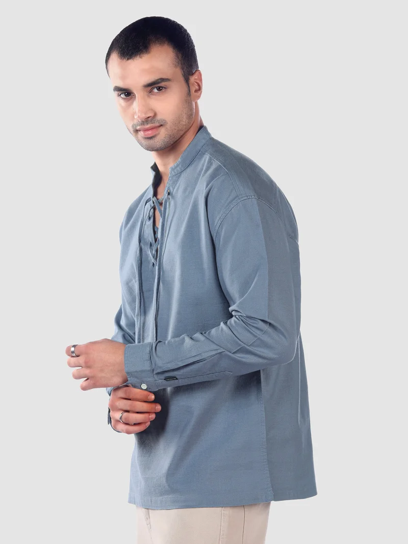 Beyoung Savoy Blue Oxford Kurta Shirt