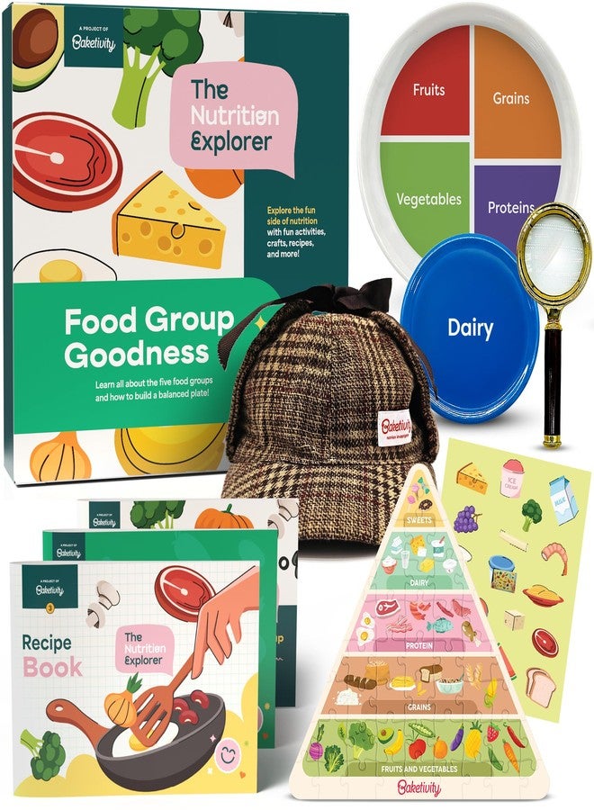 Baketivity Nutrition Explorer Kit - STEM Learning for Kids with Detective Costume, Food Chart Puzzle, Portion Plate, Stickers & Recipe Book - Image 1