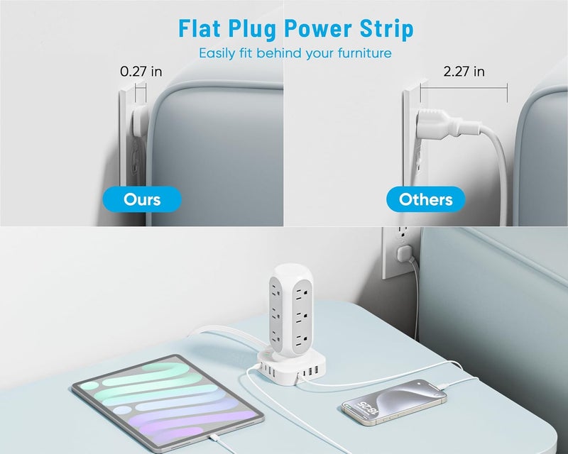 TenTrend Power Strip with Tower Surge Protector, Flat Plug Extender with 12 AC Outlets and 8 USB Ports, 5 Feet Extension Cord with Multiple Outlets, Total Charging Station - Image 4