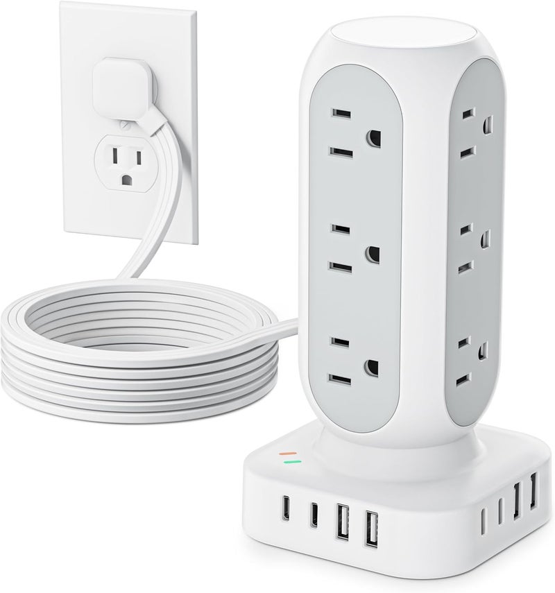TenTrend Power Strip with Tower Surge Protector, Flat Plug Extender with 12 AC Outlets and 8 USB Ports, 5 Feet Extension Cord with Multiple Outlets, Total Charging Station - Image 1