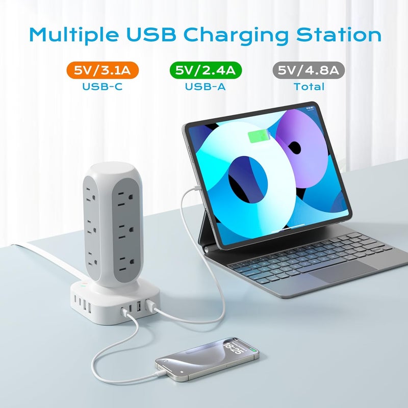 TenTrend Power Strip with Tower Surge Protector, Flat Plug Extender with 12 AC Outlets and 8 USB Ports, 5 Feet Extension Cord with Multiple Outlets, Total Charging Station - Image 2