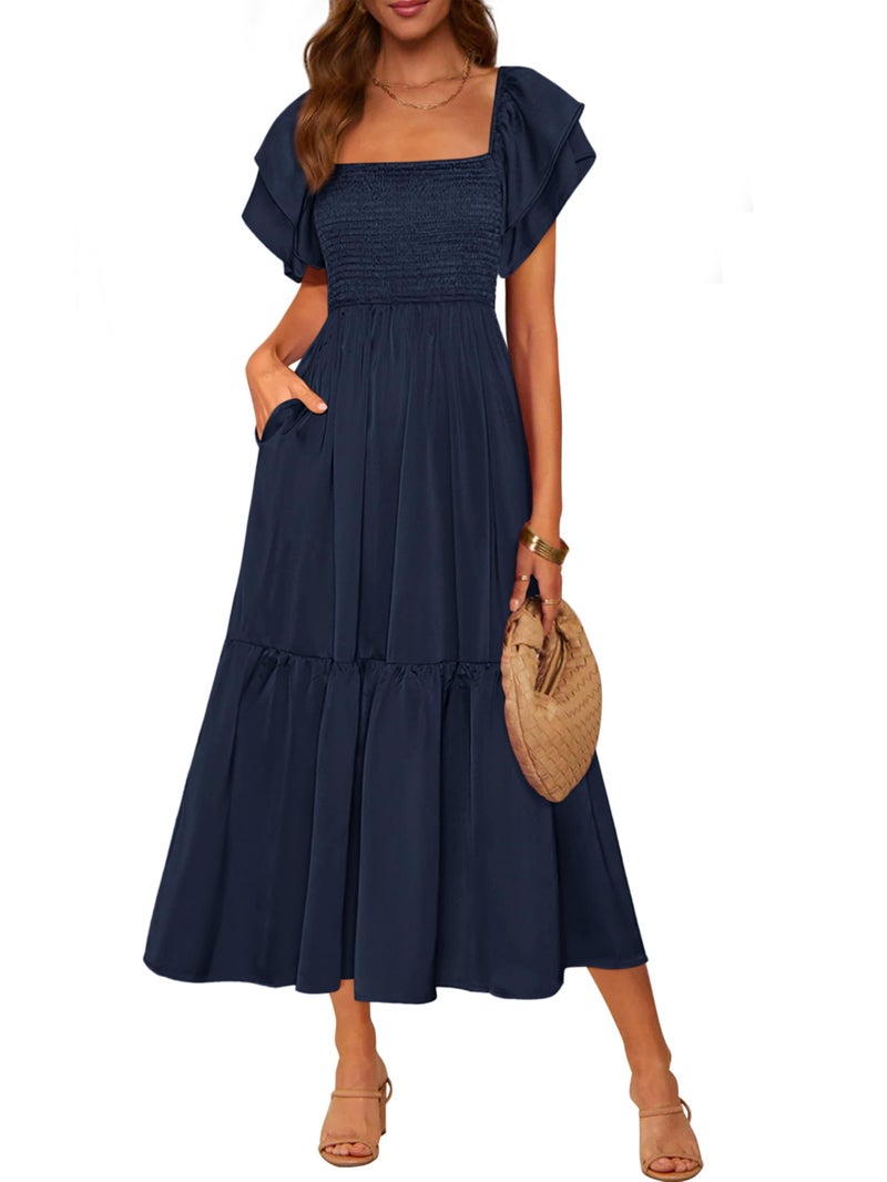 MASCOMODA Womens Summer Casual Midi Dress Square Neck Ruffle Short Sleeve Smocked High Waist A Line Wedding Guest Dresses(Navy,Large) - Image 1