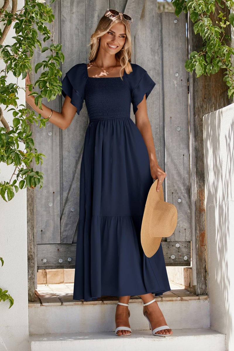 MASCOMODA Womens Summer Casual Midi Dress Square Neck Ruffle Short Sleeve Smocked High Waist A Line Wedding Guest Dresses(Navy,Large) - Image 3