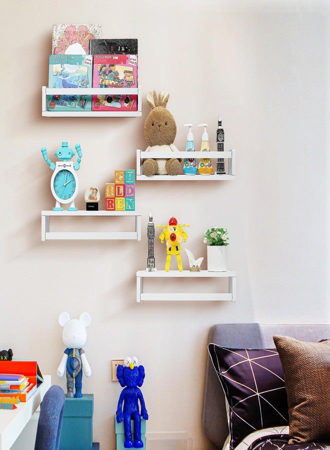 Ollieroo Set of Four Floating Book Shelves for Wall, Nursery Book Shelf for Kids Room, Bamboo Wood Hanging Bookshelf for Baby Teen Boys Girls, Wall Mounted Shelves for Bedroom Bathroom Decor(White) - Image 2