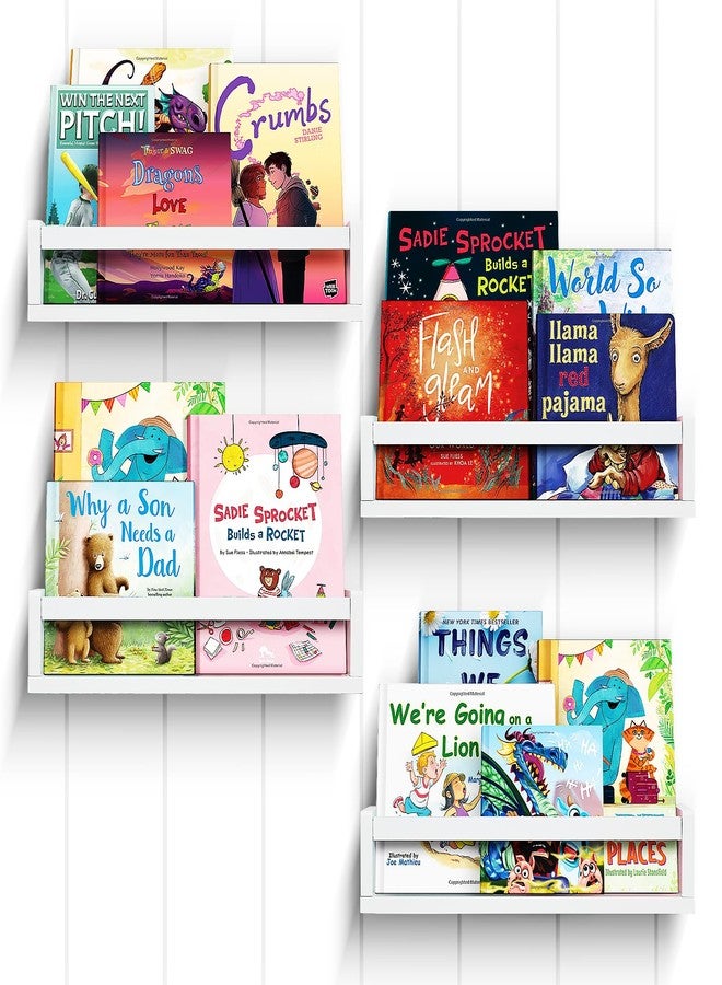 Ollieroo Set of Four Floating Book Shelves for Wall, Nursery Book Shelf for Kids Room, Bamboo Wood Hanging Bookshelf for Baby Teen Boys Girls, Wall Mounted Shelves for Bedroom Bathroom Decor(White) - Image 1