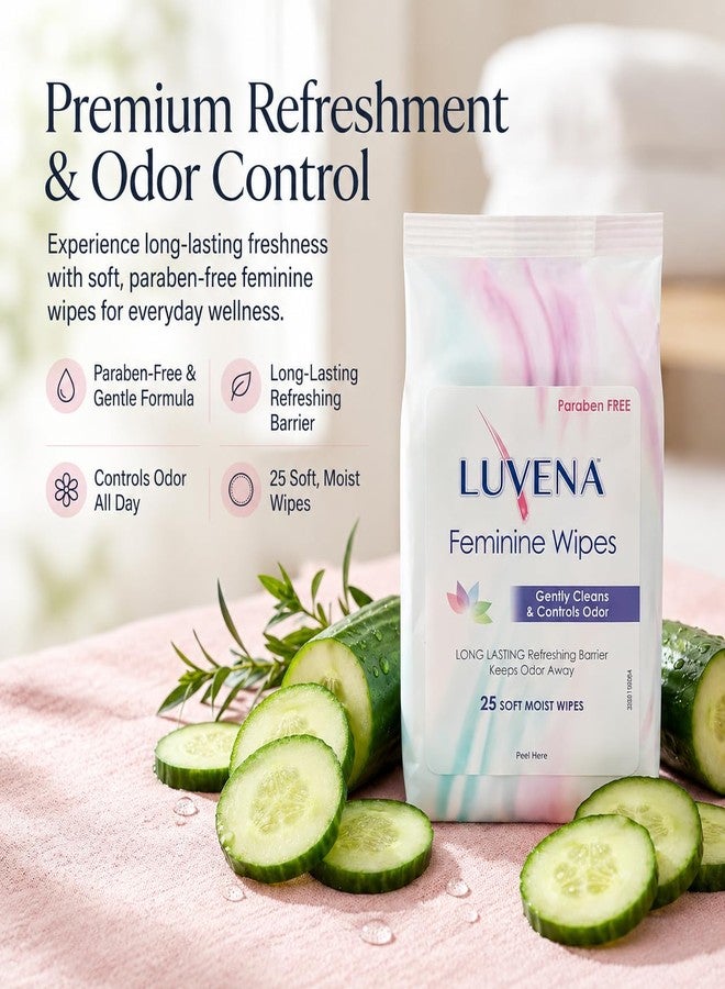 Luvena Feminine Wipes for Women - pH Balanced Feminine Care Wipes - Dermatologist Tested - Hypoallergenic, Paraben Free - Odor Control - Soft Cleansing Cloths - Cucumber Scented (25 Count, 3 Pack - Image 2