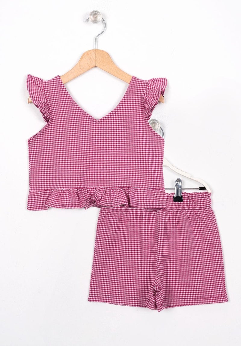 Zepkids V Neck Zero Sleeve Ruffle Detailed Fuchsia Color Girl Shorts Set  - Image 3