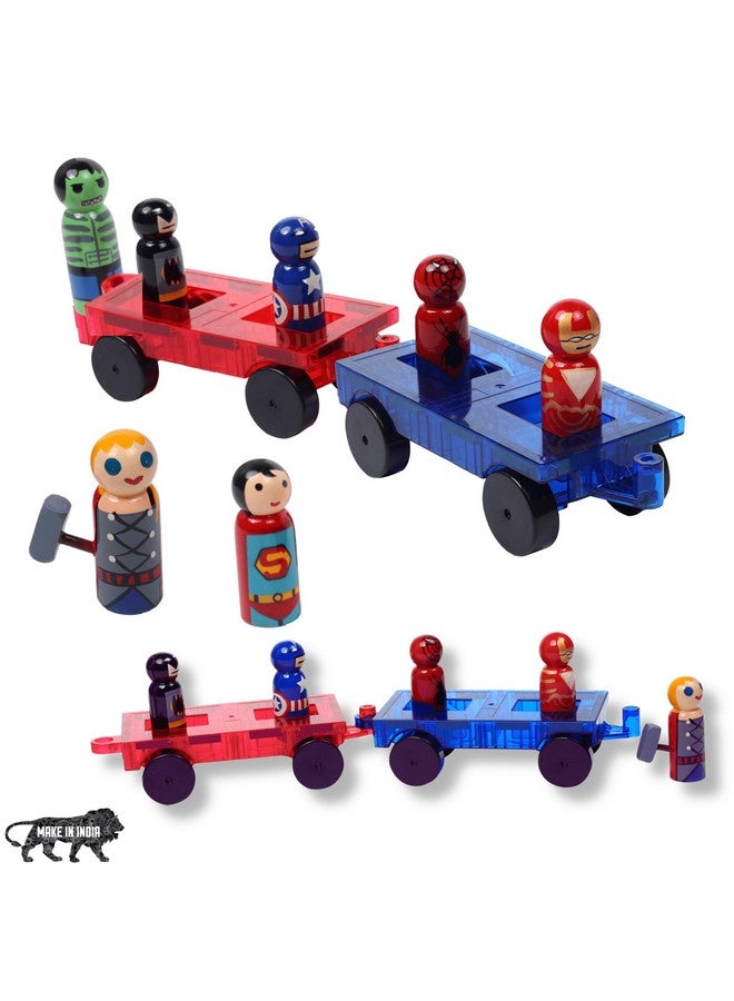 GELTILES GELTILES Superheroes Magnetic Tiles Special 2 Cartwheel Cars with 7 Wooden Building Blocks Unique Super Heros Dolls, Handmade, Made in India Toy for Kids Gifting Motor Play Set (9 Pcs Superheroes)  - Image 1
