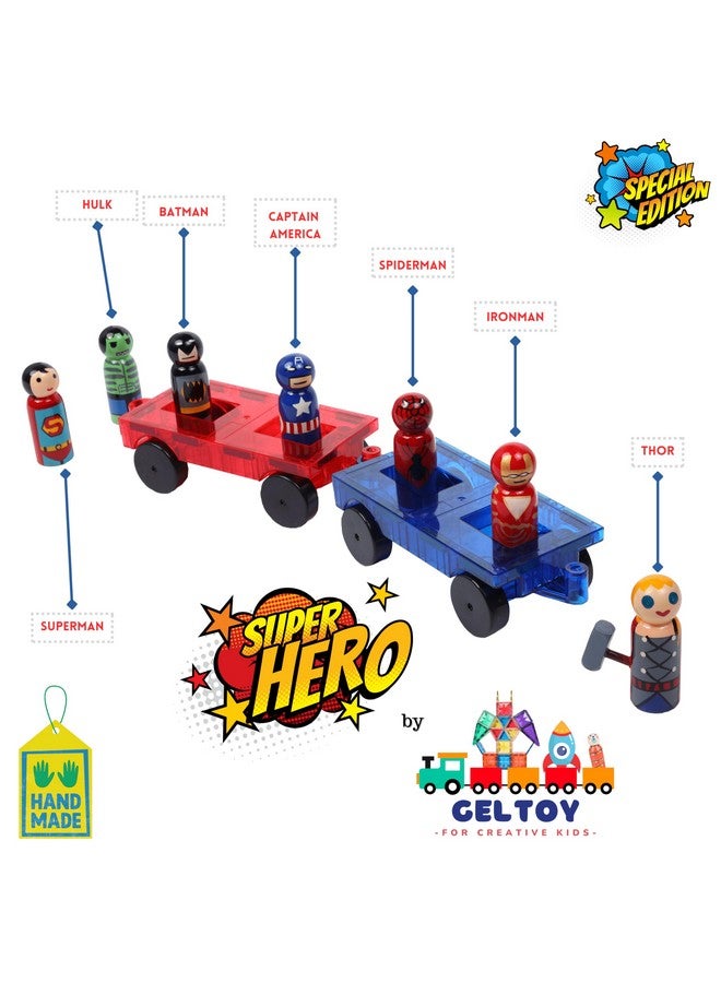 GELTILES GELTILES Superheroes Magnetic Tiles Special 2 Cartwheel Cars with 7 Wooden Building Blocks Unique Super Heros Dolls, Handmade, Made in India Toy for Kids Gifting Motor Play Set (9 Pcs Superheroes)  - Image 2