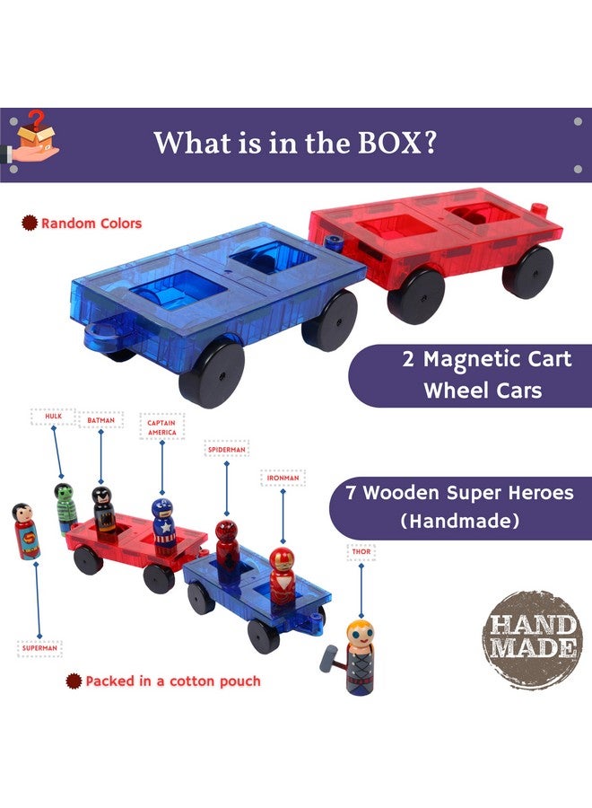 GELTILES GELTILES Superheroes Magnetic Tiles Special 2 Cartwheel Cars with 7 Wooden Building Blocks Unique Super Heros Dolls, Handmade, Made in India Toy for Kids Gifting Motor Play Set (9 Pcs Superheroes)  - Image 3