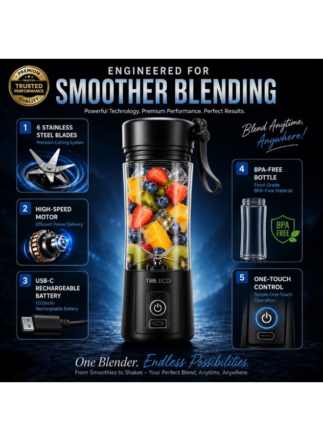 TR6 خلاط TR6 Blendmate Eco المحمول للعصائر والمشروبات المخفوقة - سعة 380 مل قابلة لإعادة الشحن | صغير الحجم | محمول (أسود) - Image 2