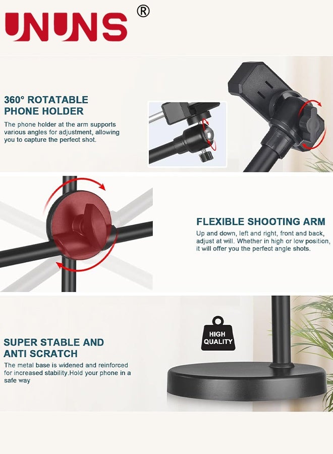 UNUNS Photography Light With Stand,6" Tiktok Light With Shooting Arm And Phone Holder,3-color Lighting,Phone Holder for Video Recording,Cooking,Photography,Live Streaming,YouTube - Image 2