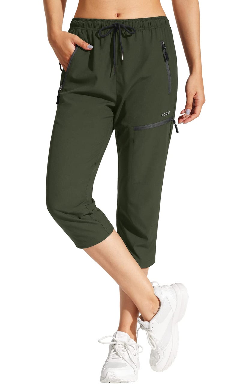 MOCOLY Women's Hiking Capris Pants Outdoor Lightweight Quick Dry Water Resistant UPF 50 Cargo Pants with Zipper Pockets Army Green XL - Image 1