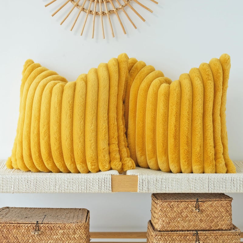 JOJUSIS Pack of 2 Faux Fur Plush Decorative Throw Pillow Covers Couch Cushion Case Soft Pillowcases Mustard Yellow 18 x 18Inch