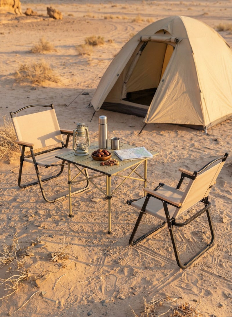 M-Smart 3-Piece Camping Set | Portable Camping Folding Table with Carrying Bag 53x51x60cm, with 2 Folding Chairs with Black Metal Frame and Armrests - Beige - Image 1
