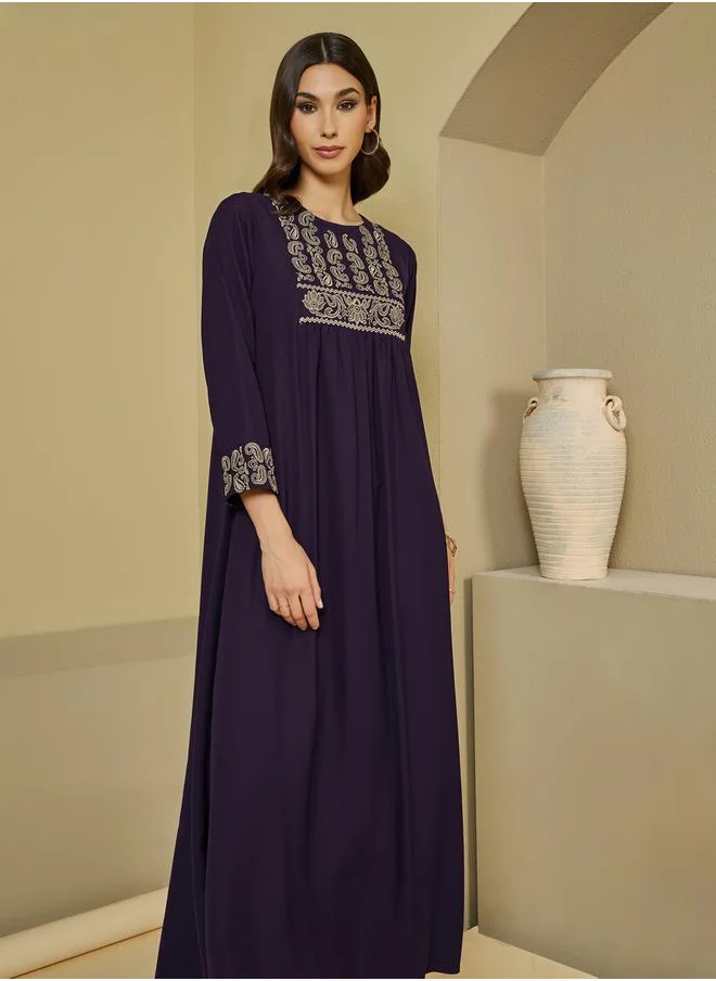 Styli Embroidered Jalabiya with Waits Pleats Details