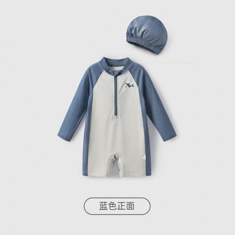 Generic Boys Swimsuit Summer Kidsrens Long-Sleeved Swimsuit Summer Boy Summer New Beach Wear Baby One-Piece Swimsuit Dolphin style long sleeves with hat