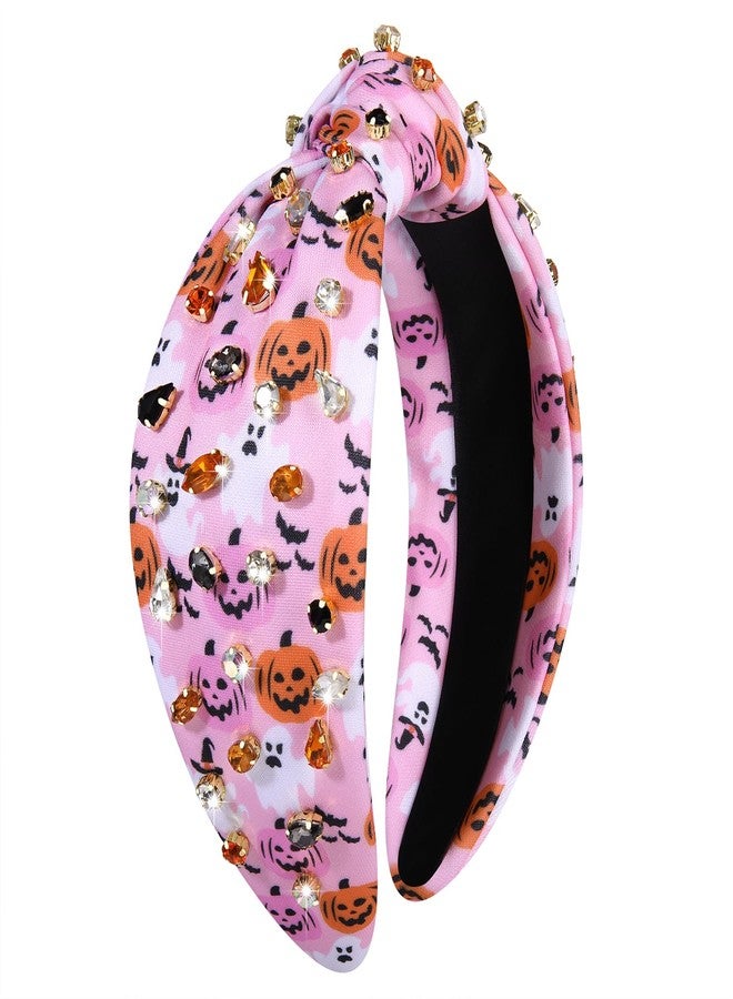 HZEYN Pink Halloween Headbands for Women Spooky Ghost Pumpkin Knotted Headband Crystal Wide Headband Hairband Hair Accessories (Pink Pumpkin Ghost)