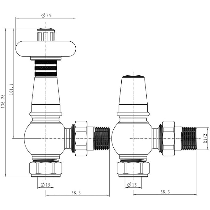 BLACK THERMOSTATIC RADIATOR VALVE AND ANGLED LOCKSHIELD VALVE - MATT BLACK FINISH - TRADITIONAL DESIGN 1/2" X 15MM ANGLED RADIATOR VALVE - Image 2