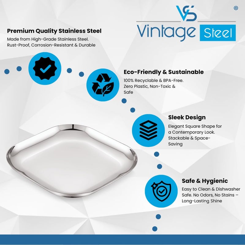 VS VINTAGE STEEL VS Vintage Steel Stainless Steel Square Shape Medium Sized SnacksNamkeen Serving Set Set of 7PC Silver Medium - Image 4