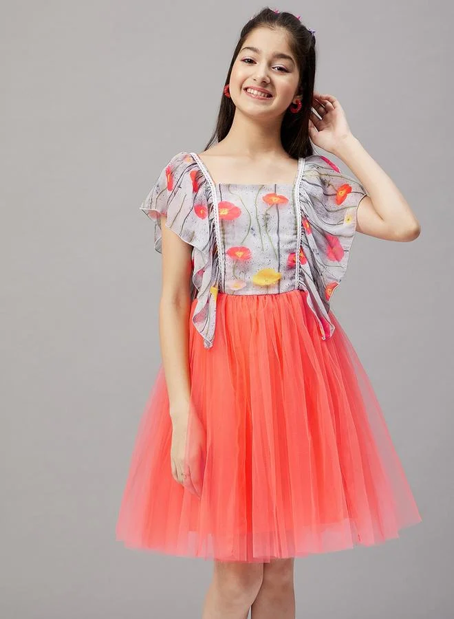 Stylo Bug Girls Orange Floral Print Mesh Insert Dress