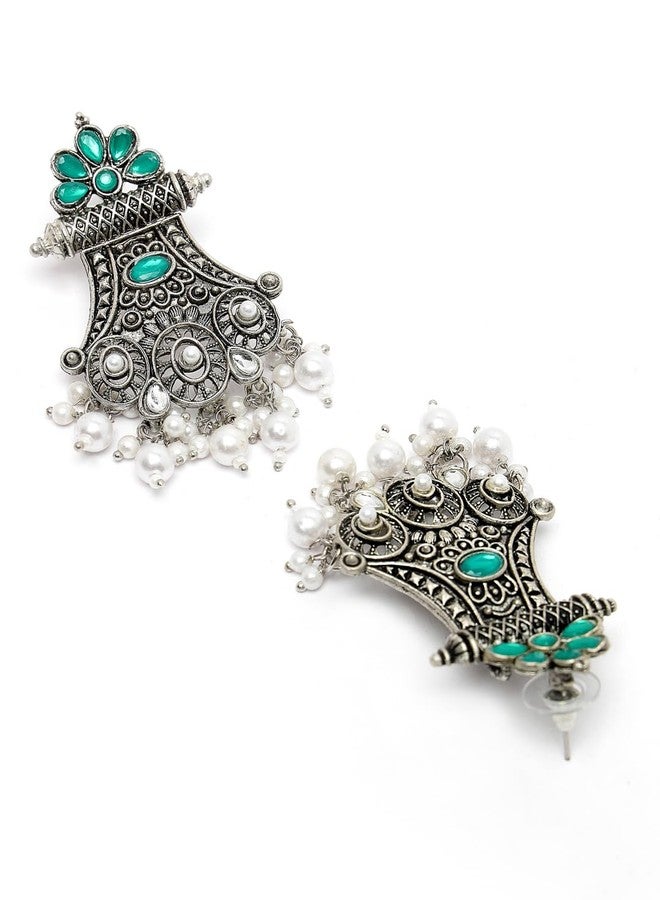 ADIVA Oxidised Silver-Plated Green Stone Studded & Pearl Crescent Shaped Drop Earrings Set for women, Traditional Stylish Jhumka for Girls Party, Wedding, Festive - Image 5
