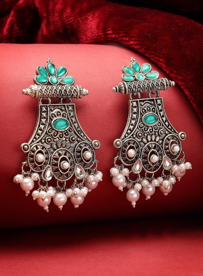 ADIVA Oxidised Silver-Plated Green Stone Studded & Pearl Crescent Shaped Drop Earrings Set for women, Traditional Stylish Jhumka for Girls Party, Wedding, Festive - Image 4