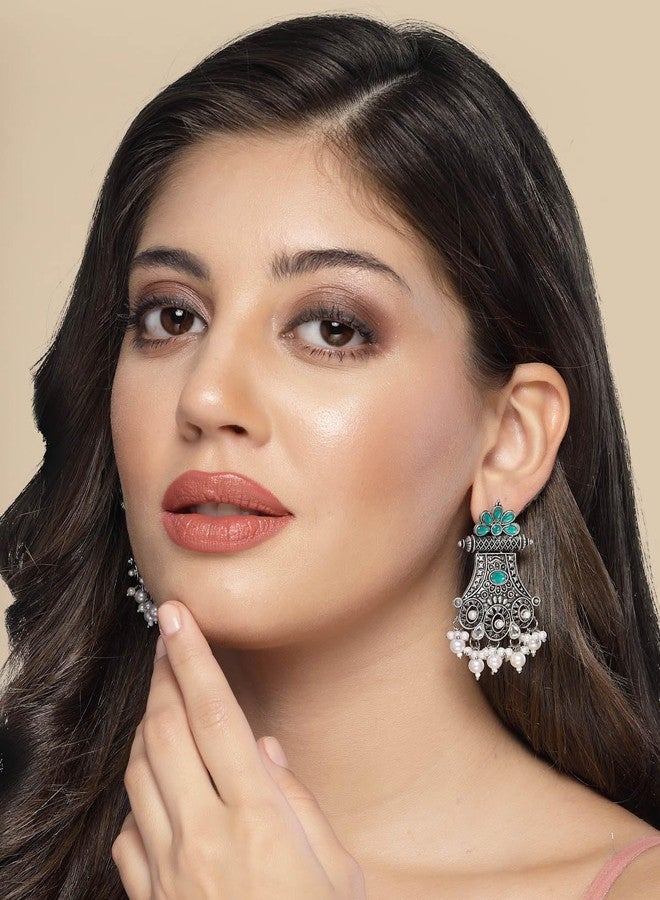 ADIVA Oxidised Silver-Plated Green Stone Studded & Pearl Crescent Shaped Drop Earrings Set for women, Traditional Stylish Jhumka for Girls Party, Wedding, Festive - Image 3