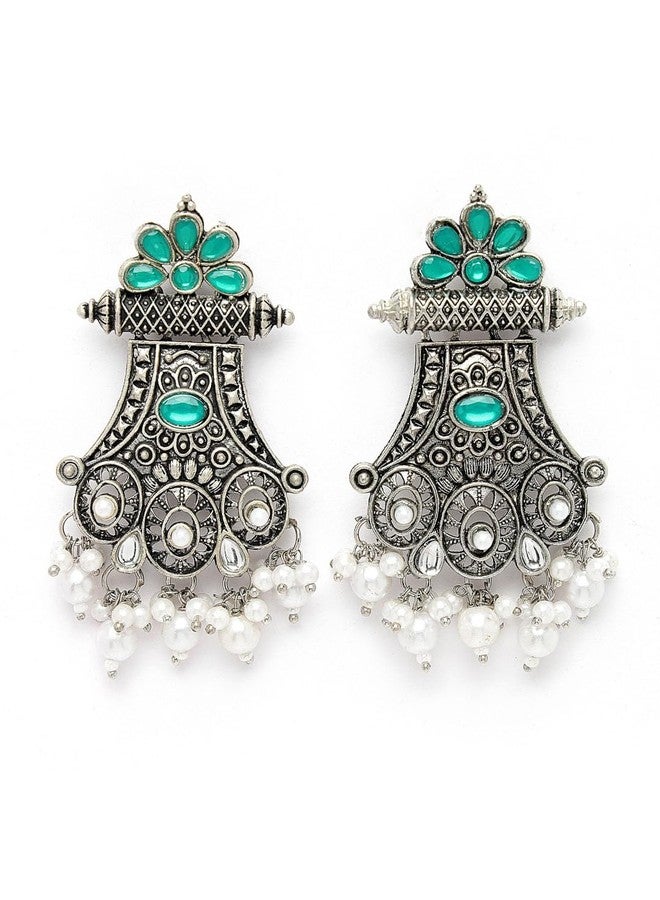 ADIVA Oxidised Silver-Plated Green Stone Studded & Pearl Crescent Shaped Drop Earrings Set for women, Traditional Stylish Jhumka for Girls Party, Wedding, Festive - Image 1