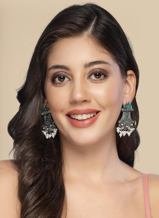 ADIVA Oxidised Silver-Plated Green Stone Studded & Pearl Crescent Shaped Drop Earrings Set for women, Traditional Stylish Jhumka for Girls Party, Wedding, Festive - Image 2