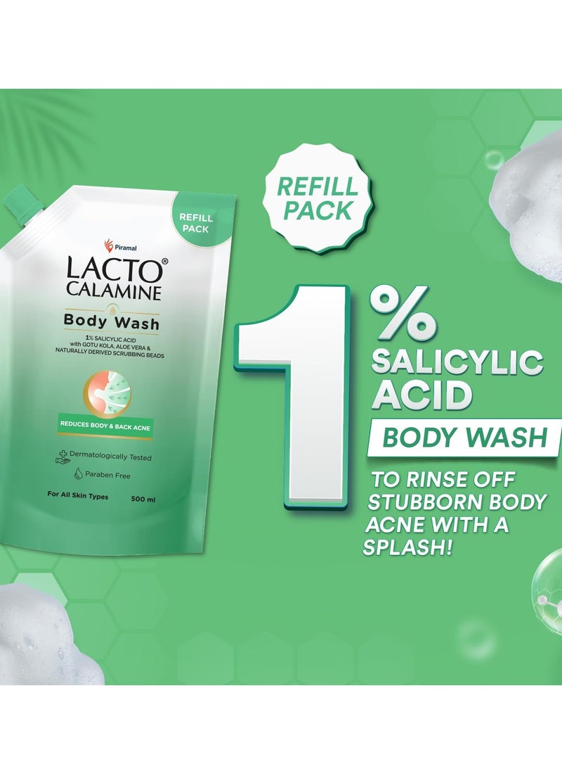 Lacto Calamine - Lacto Calamine 1% Salicylic Acid Body Wash Refill Pouch  500ml  For Body Acne Back Acne Rough and Bumpy Skin  Cica Aloe VeraTurmeric and Natural Scrub Beads Paraben FreeShower Gel For Men andWomen - Image 1