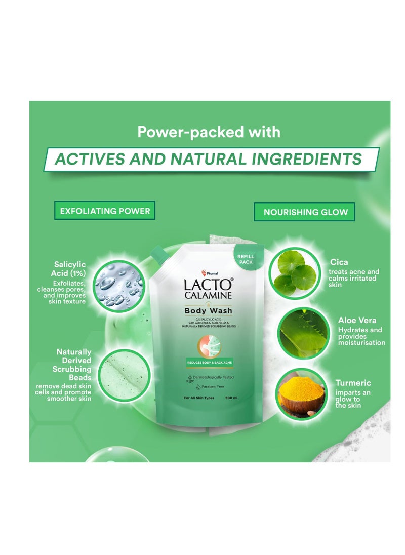Lacto Calamine - Lacto Calamine 1% Salicylic Acid Body Wash Refill Pouch  500ml  For Body Acne Back Acne Rough and Bumpy Skin  Cica Aloe VeraTurmeric and Natural Scrub Beads Paraben FreeShower Gel For Men andWomen - Image 1