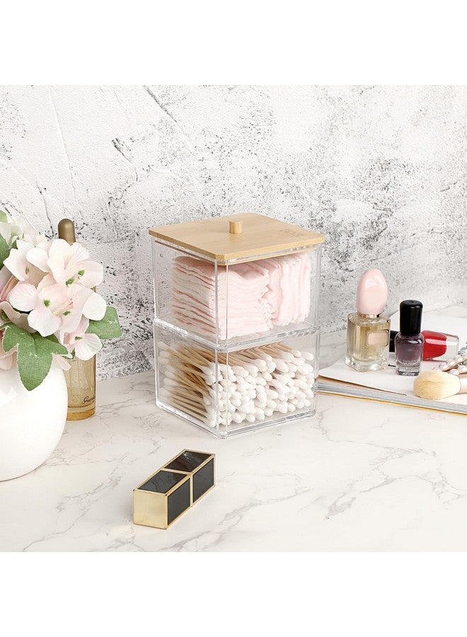 بي تي سكاي حامل مشبك ورق شفاف قابل للتكديس مع غطاء من الخيزران، صندوق مشبك ورق مكون من طبقتين، منظم ملحقات اللوازم المكتبية السميك من الأكريليك، حامل تخزين صغير مربع الشكل، حامل أعواد قطنية لطيف لطاولة الزينة في المكتب والحمام - Image 5