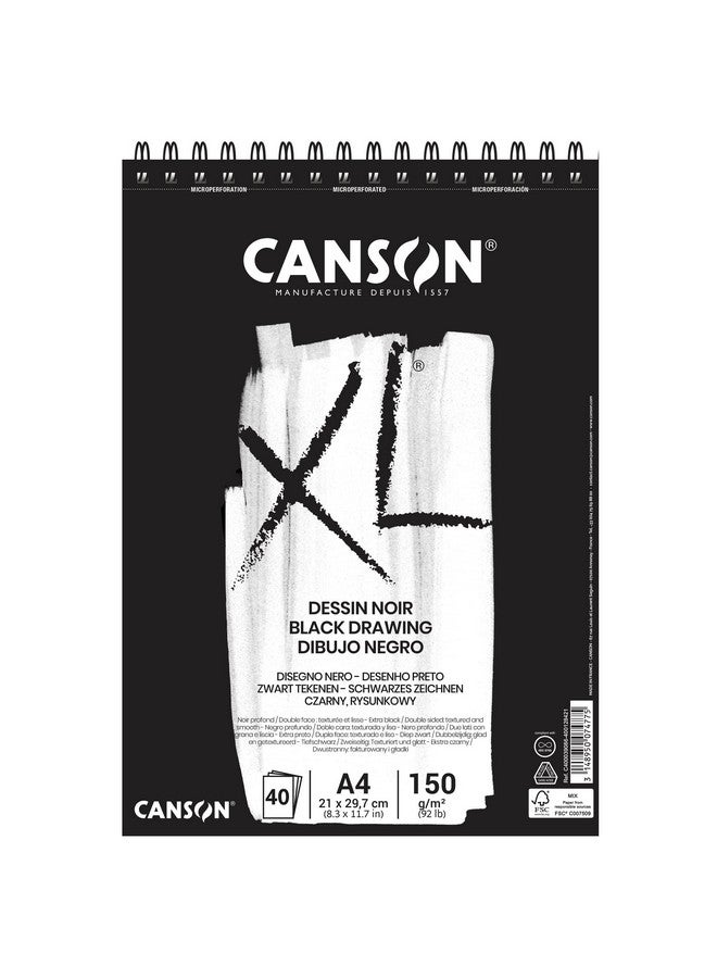 CANSON Xl Black Drawing 150Gsm A4 Paper Double Sided: Grained & Smooth Spiral Pad Short Side 40 Black Sheets Ideal For Professional Artists & Illustrators 