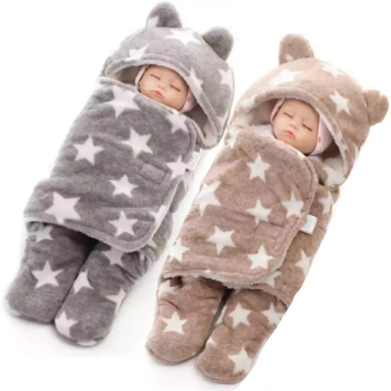 BRANDONN Newborn Babies Flannel Hooded Wearable Baby Blanket Cum Baby Wrapper Blanket Combo of 2 (Age 0-6 months, Dimension - 76 X 68 cm, Grey, Beige) - Image 1
