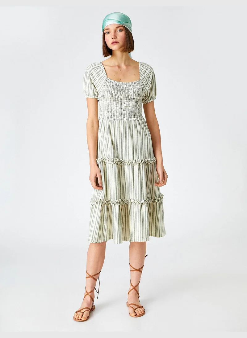 KOTON Midi Dress Striped Ruffled U Neck Short Sleeve Cotton