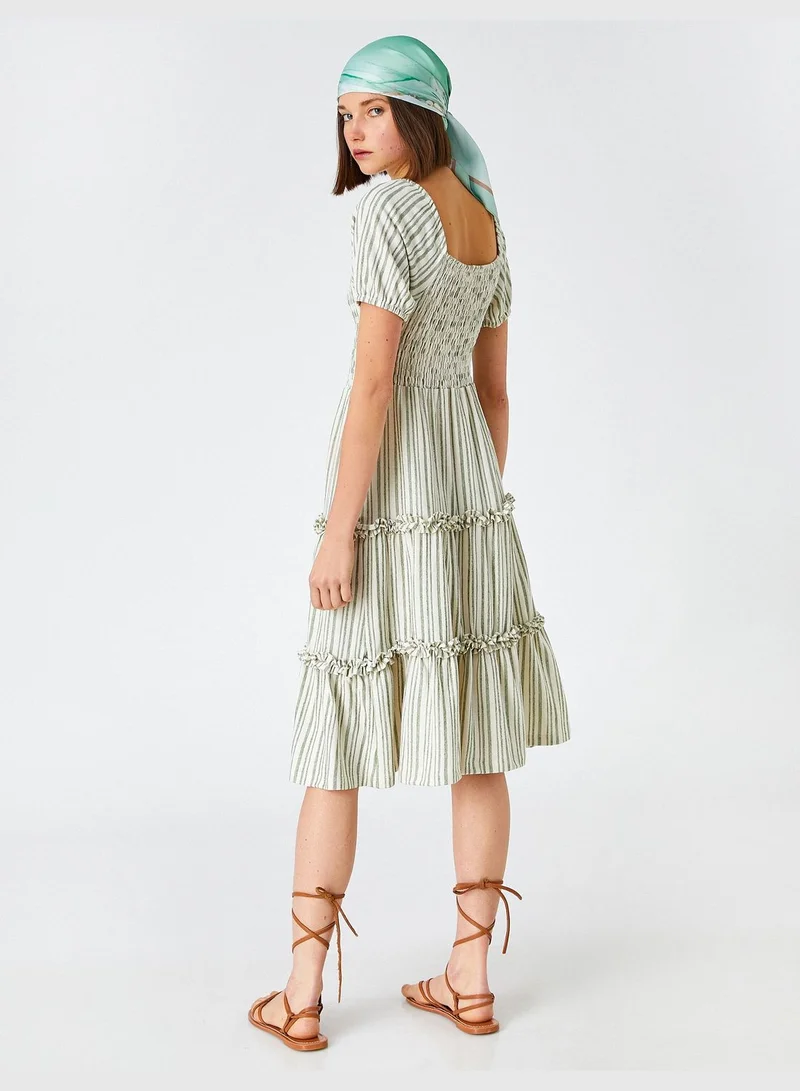 KOTON Midi Dress Striped Ruffled U Neck Short Sleeve Cotton