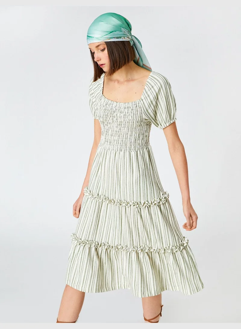 KOTON Midi Dress Striped Ruffled U Neck Short Sleeve Cotton