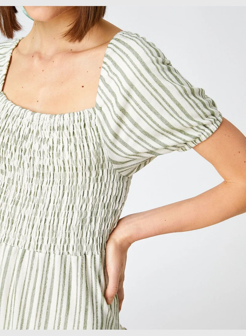 KOTON Midi Dress Striped Ruffled U Neck Short Sleeve Cotton